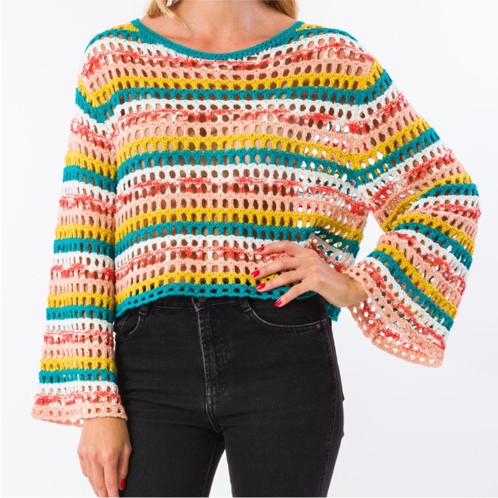 KERISMA‎ Multi Color Striped Open Knit Cropped Bell Sleeve Sweater SZ S/M NWOT